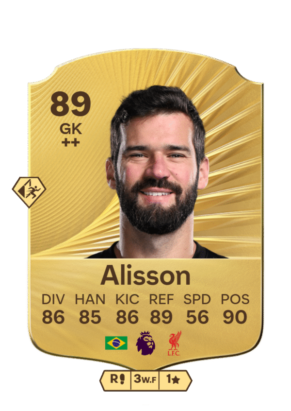 FIFA Ultimate Team 89 Alisson Becker gold card Brazil Liverpool goalkeeper GK stats 86 DIV 85 HAN 86 KIC 89 REF 56 SPD 90 POS
