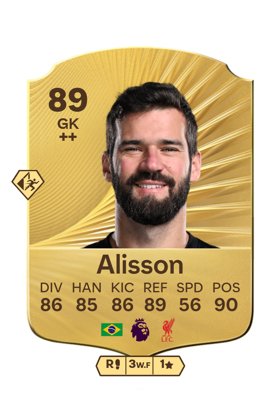 FIFA Ultimate Team 89 Alisson Becker gold card Brazil Liverpool goalkeeper GK stats 86 DIV 85 HAN 86 KIC 89 REF 56 SPD 90 POS