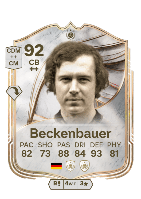 FIFA Ultimate Team 92 Franz Beckenbauer custom card Germany legend defender CB stats 82 PAC 73 SHO 88 PAS 84 DRI 93 DEF 81 PHY