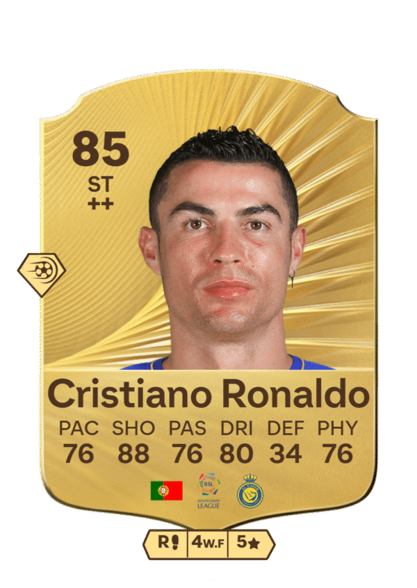 FIFA 23 Ultimate Team 85 Cristiano Ronaldo gold card Portuguese ST Al Nassr Saudi Pro League with 76 PAC 88 SHO 76 PAS 80 DRI 34 DEF 76 PHY