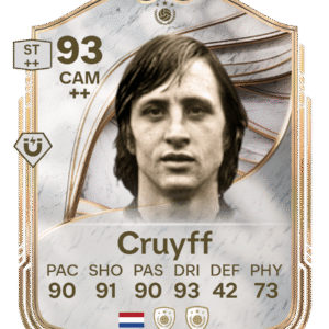 FIFA Ultimate Team 93 Johan Cruyff custom card Netherlands legend midfielder CAM stats 90 PAC 91 SHO 90 PAS 93 DRI 42 DEF 73 PHY