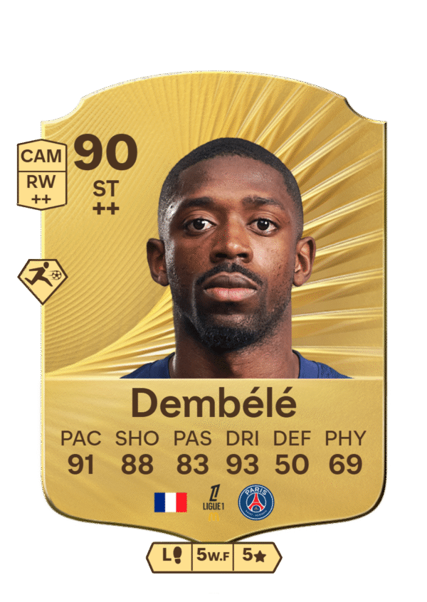 FIFA 23 Ultimate Team 90 Ousmane Dembélé gold card French RW PSG Ligue 1 with 91 PAC 88 SHO 83 PAS 93 DRI 50 DEF 69 PHY