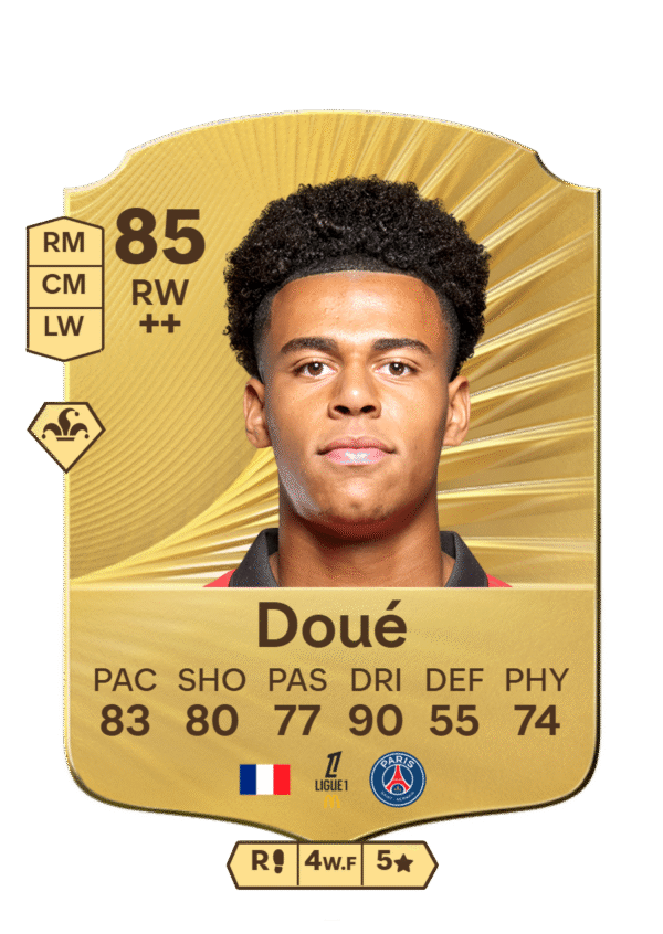 FIFA 23 Ultimate Team 85 Désiré Doué card PSG RW CM LW French talent Ligue 1 stats 83 PAC 80 SHO 77 PAS 90 DRI 55 DEF 74 PHY