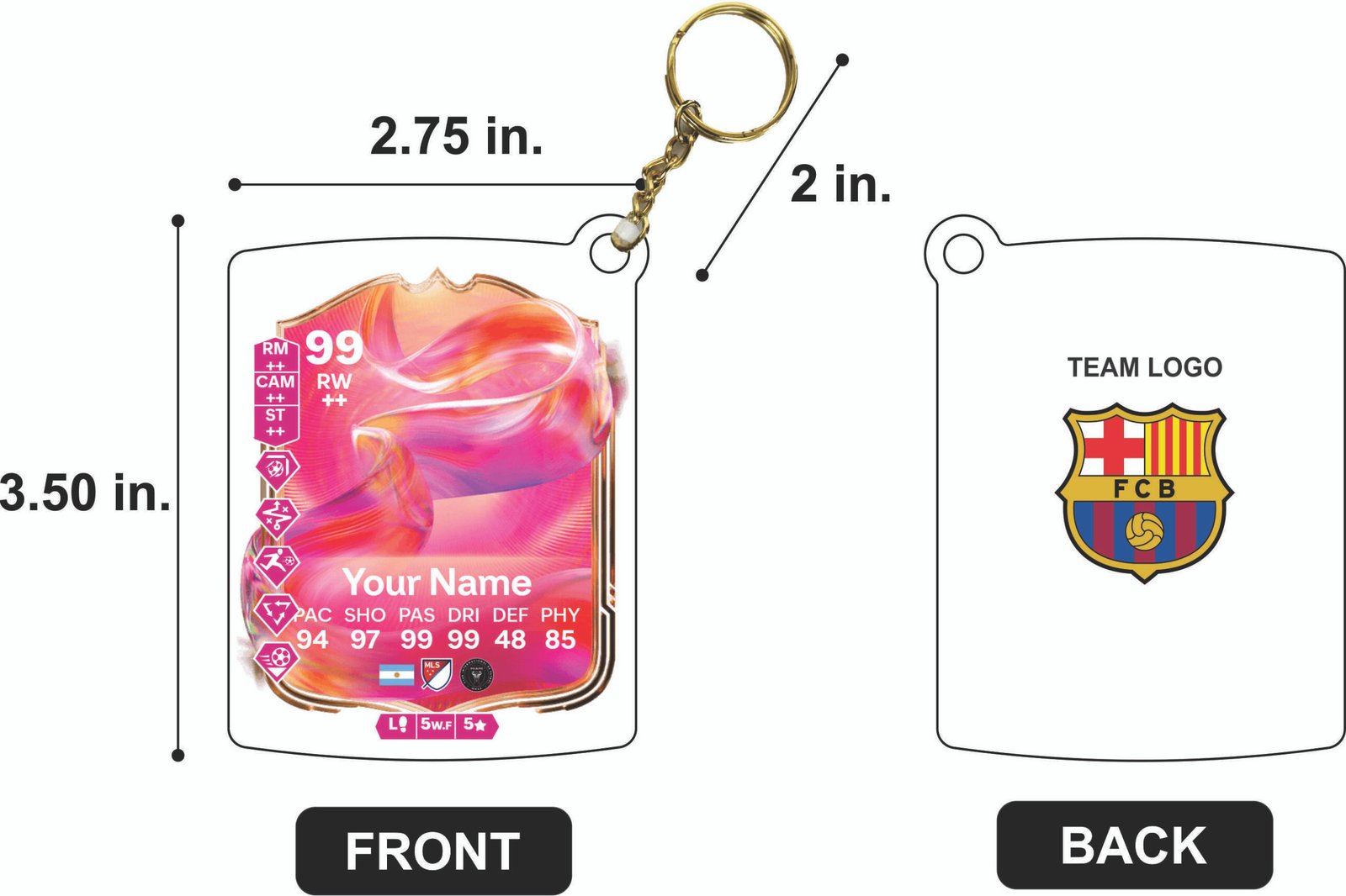 Custom FIFA card keychain front and back with team logo personalized soccer gift 2.75 x 3.5 inches
