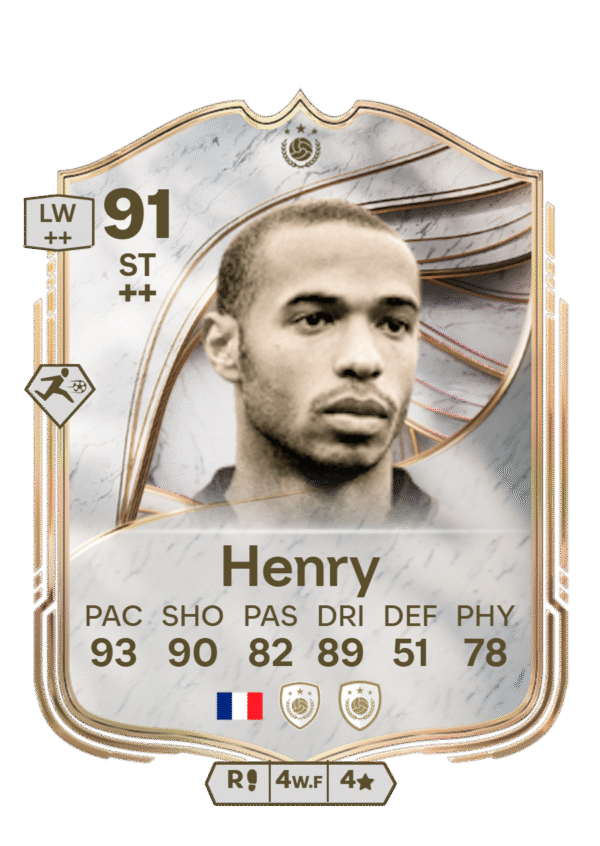 FIFA Ultimate Team 91 Thierry Henry custom card France legend striker ST stats 93 PAC 90 SHO 82 PAS 89 DRI 51 DEF 78 PHY