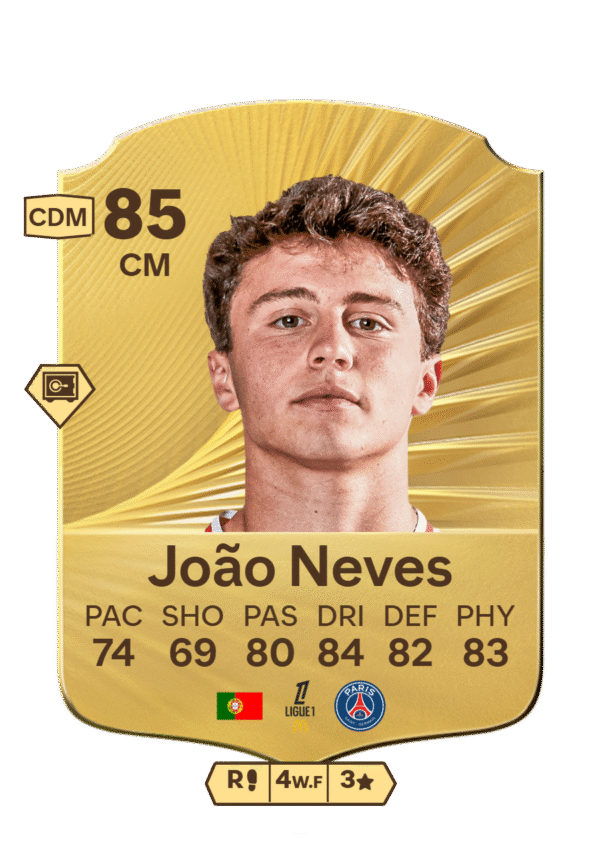 FIFA 23 Ultimate Team 85 João Neves card PSG Portuguese CDM Ligue 1 midfielder stats 74 PAC 69 SHO 80 PAS 84 DRI 82 DEF 83 PHY