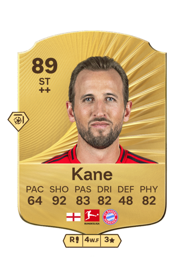 FIFA Ultimate Team 89 Harry Kane gold card England Bayern Munich striker ST stats 64 PAC 92 SHO 83 PAS 82 DRI 48 DEF 82 PHY
