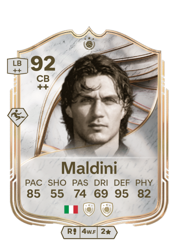 FIFA Ultimate Team 92 Paolo Maldini custom card Italy legend defender CB stats 85 PAC 55 SHO 74 PAS 69 DRI 95 DEF 82 PHY