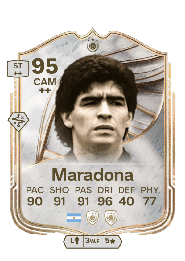 FIFA Ultimate Team 95 Diego Maradona custom card Argentina legend midfielder CAM stats 90 PAC 91 SHO 91 PAS 96 DRI 40 DEF 77 PHY