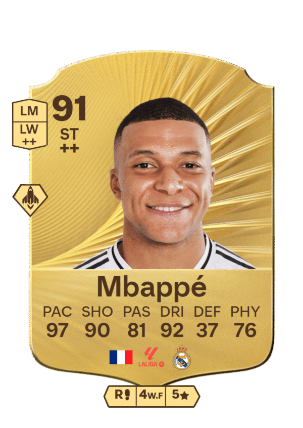 FIFA 23 Ultimate Team 91 Mbappé gold card French ST Real Madrid La Liga with 97 PAC 90 SHO 81 PAS 92 DRI 37 DEF 76 PHY