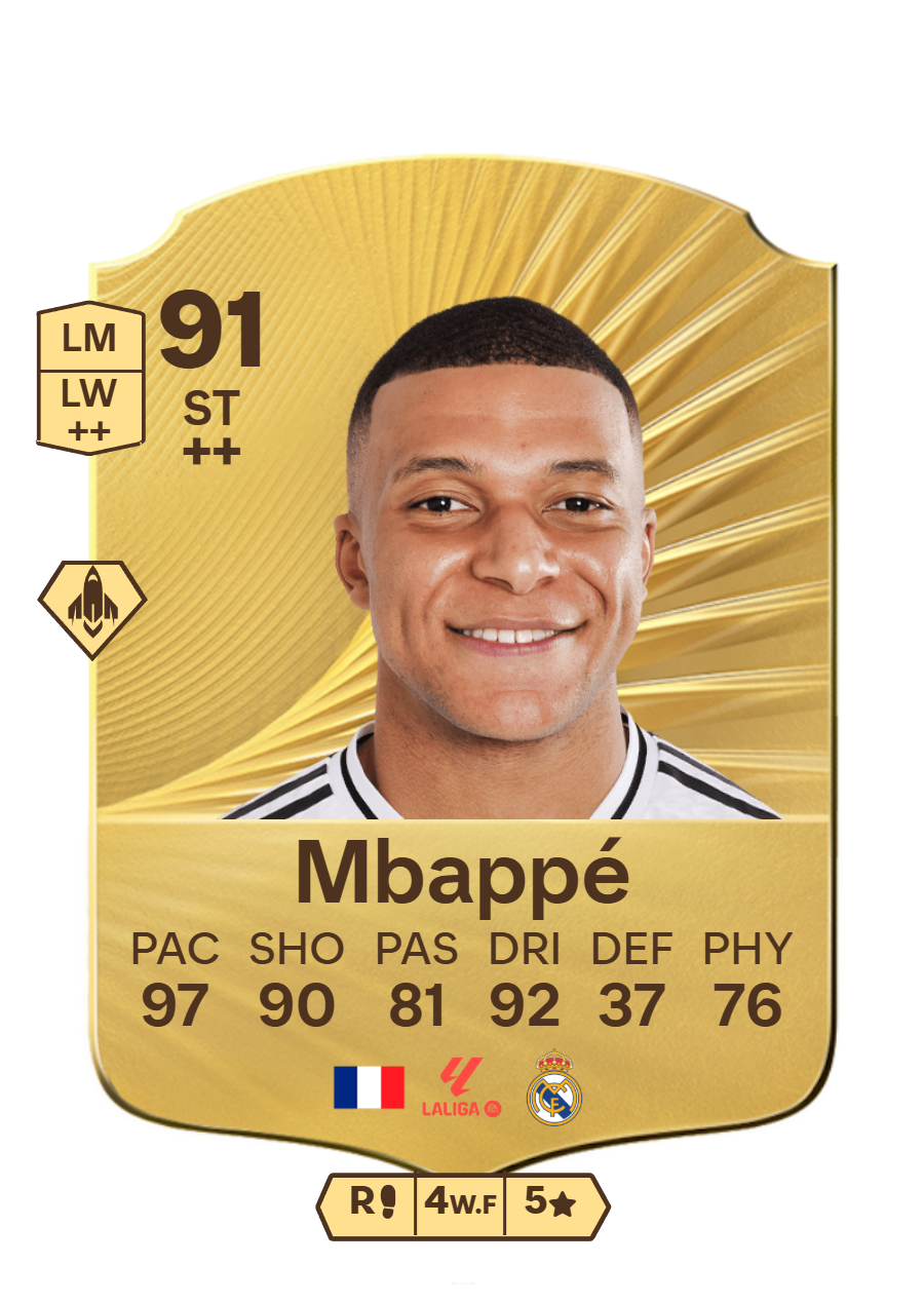 FIFA 23 Ultimate Team 91 Mbappé gold card French ST Real Madrid La Liga with 97 PAC 90 SHO 81 PAS 92 DRI 37 DEF 76 PHY