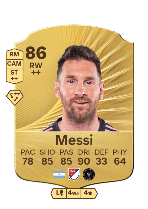 FIFA 23 Ultimate Team 86 Lionel Messi gold card Argentine RW Inter Miami MLS with 78 PAC 85 SHO 85 PAS 90 DRI 33 DEF 64 PHY