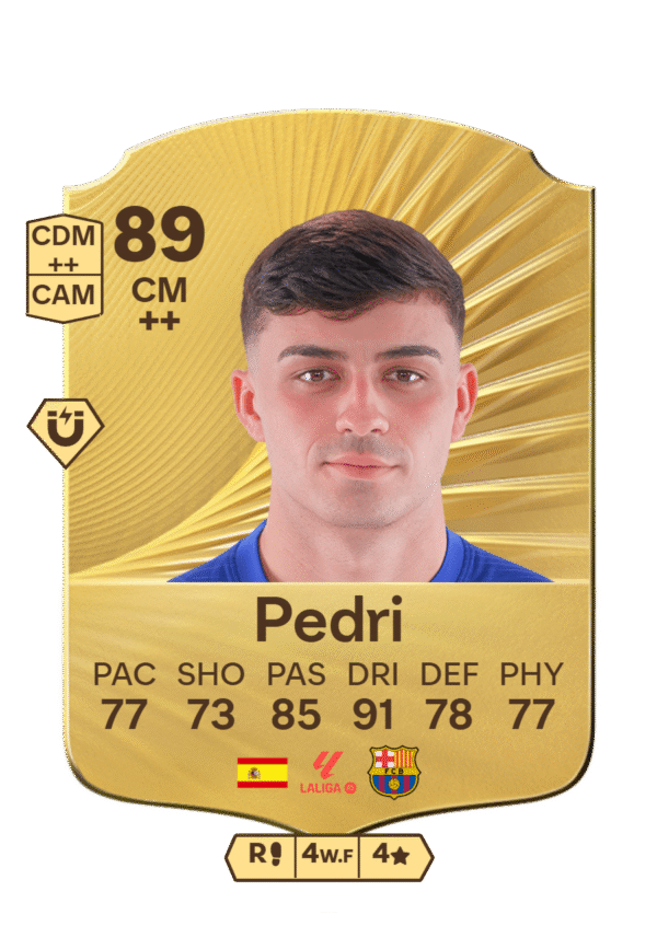 FIFA 23 Ultimate Team 89 Pedri card FC Barcelona CM Spanish midfielder La Liga stats 77 PAC 73 SHO 85 PAS 91 DRI 78 DEF 77 PHY