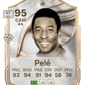 FIFA 23 Ultimate Team 95 Icon Pelé card Brazil ST CAM legend stats 93 PAC 94 SHO 91 PAS 94 DRI 58 DEF 74 PHY