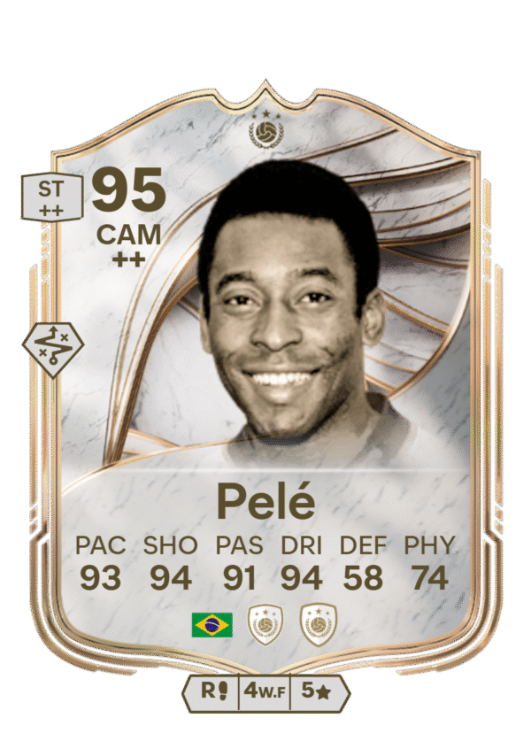 FIFA 23 Ultimate Team 95 Icon Pelé card Brazil ST CAM legend stats 93 PAC 94 SHO 91 PAS 94 DRI 58 DEF 74 PHY