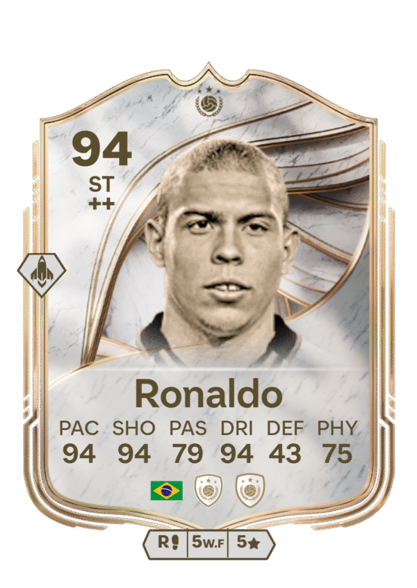 FIFA 23 Ultimate Team 94 Icon Ronaldo Nazário card Brazil ST legend stats 94 PAC 94 SHO 79 PAS 94 DRI 43 DEF 75 PHY