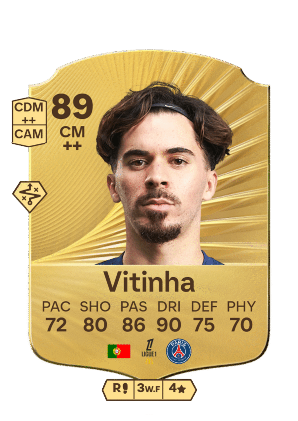 FIFA 23 Ultimate Team 89 Vitinha card PSG Portuguese CM Ligue 1 midfielder stats 72 PAC 80 SHO 86 PAS 90 DRI 75 DEF 70 PHY