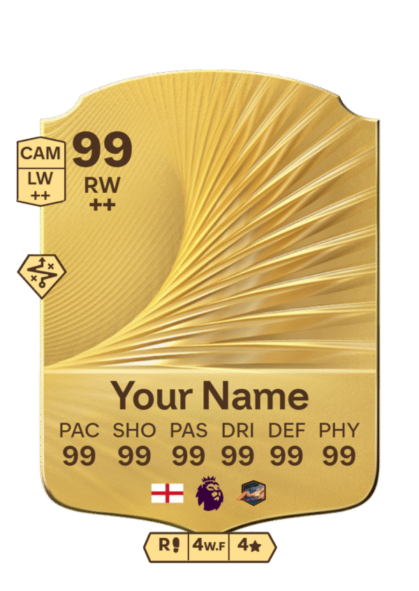 Custom FIFA Ultimate Team 99 rated FUT card template gold design with editable name, stats, and club logo for personalized football cards
