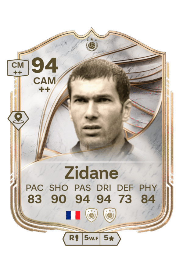 FIFA Ultimate Team 94 Zinedine Zidane ICON card France CAM midfielder stats 83 PAC 90 SHO 94 PAS 94 DRI 73 DEF 84 PHY